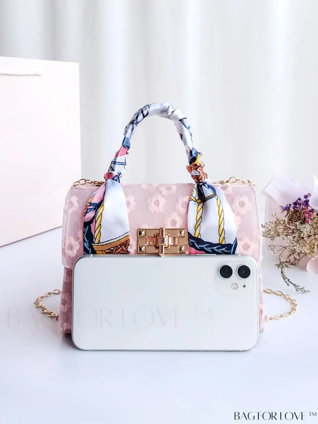 BagForLove - Floral Embroidered Chain Bag with Mini Twilly Scarf Accent