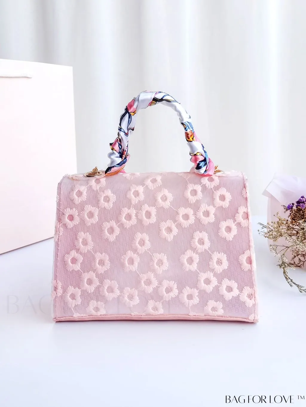 BagForLove - Floral Embroidered Chain Bag with Mini Twilly Scarf Accent