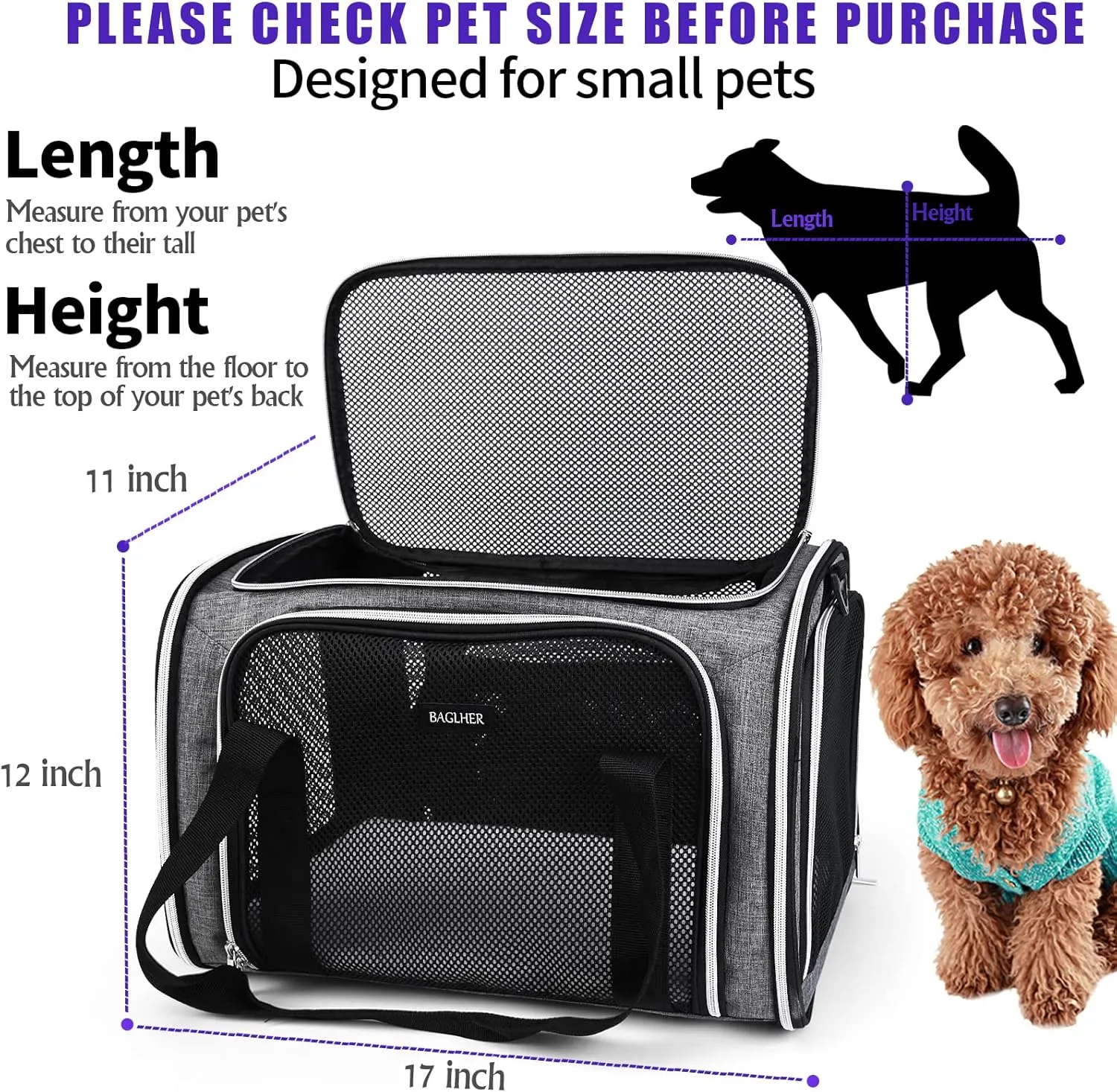 BAGLHER Pet Travel Carrier, Cat Carriers Dog Carrier for Small Medium Cats Dogs Puppies, Airline Approved Small Dog Carrier Soft Sided, Collapsible Puppy Carrier. Grey