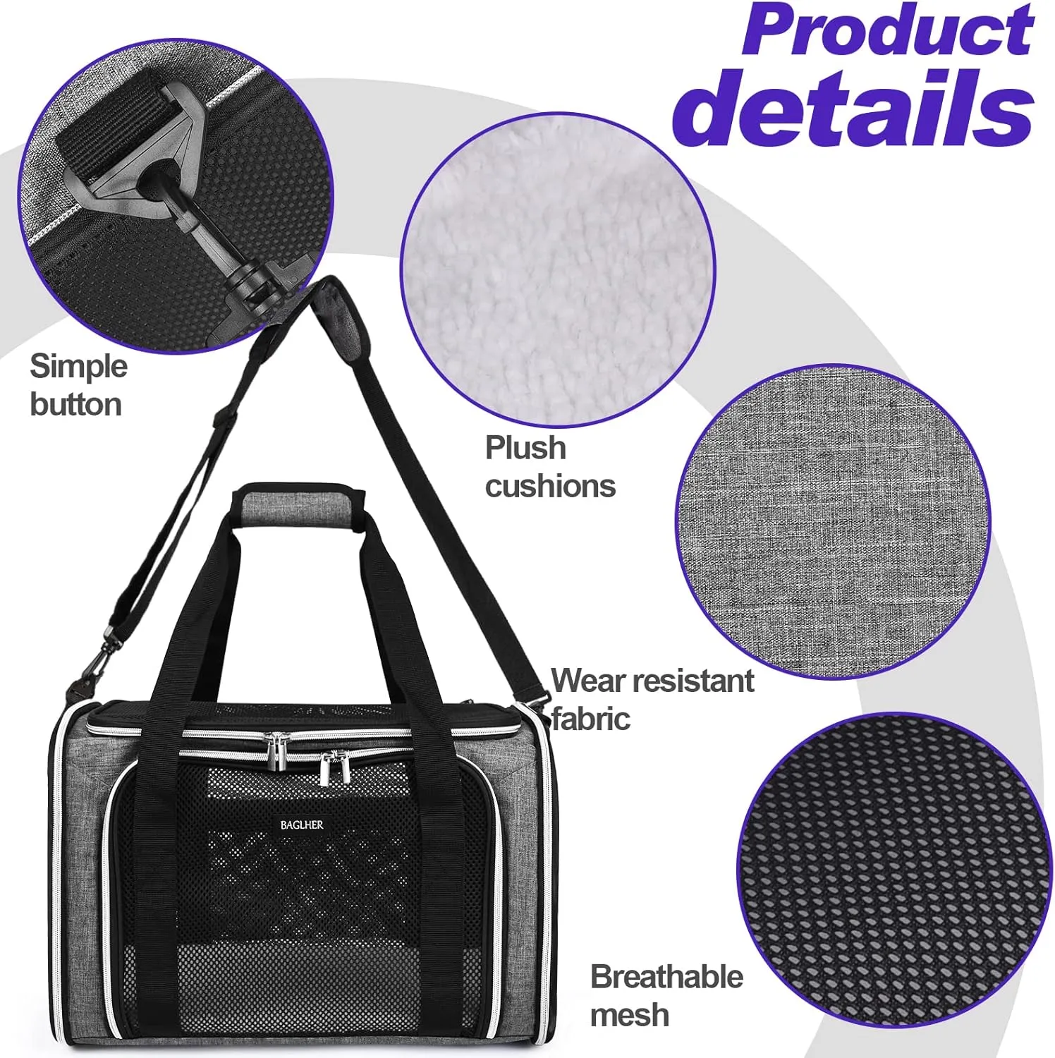 BAGLHER Pet Travel Carrier, Cat Carriers Dog Carrier for Small Medium Cats Dogs Puppies, Airline Approved Small Dog Carrier Soft Sided, Collapsible Puppy Carrier. Grey