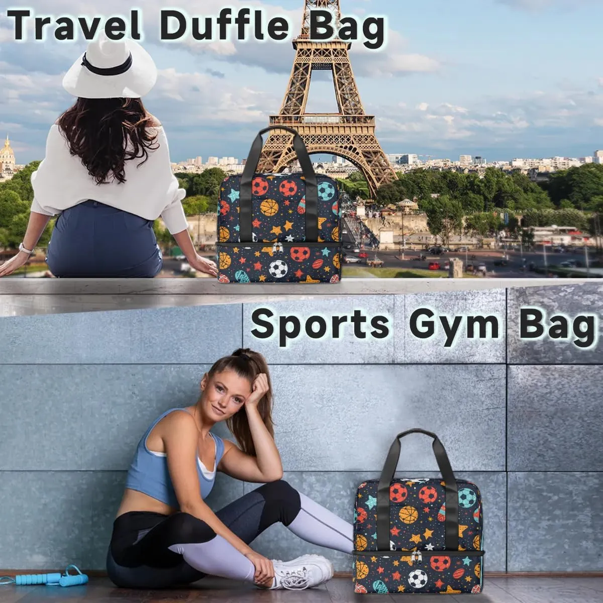 Ball Pattern Travel Duffel Bag Dry Wet Separated Sports Tote Travel Duffle Bag Gym Workout Bag Women Travel Duffel Bag for Women, Travel, Gym, Work