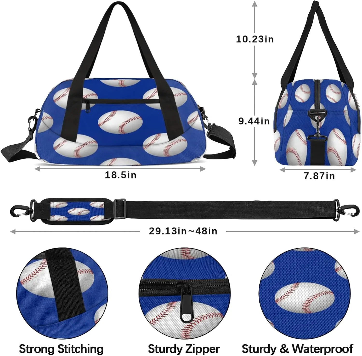 Baseball Pattern Kids Duffel Bag Lightweight Waterproof Sports Gym Bag with Front Zipper Pocket Foldable Weekender Overnight Bag for School Practice Gymnastic Ballet