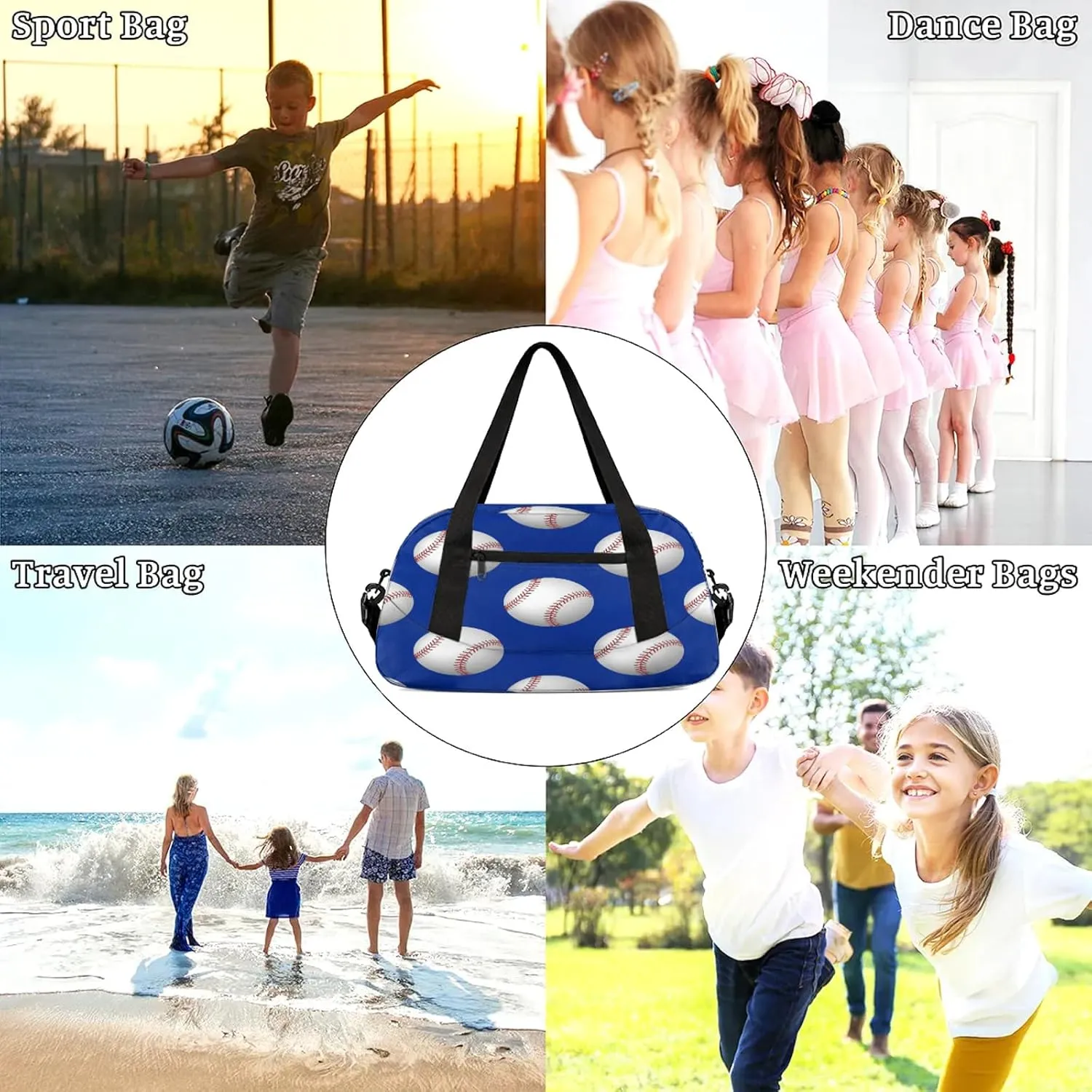 Baseball Pattern Kids Duffel Bag Lightweight Waterproof Sports Gym Bag with Front Zipper Pocket Foldable Weekender Overnight Bag for School Practice Gymnastic Ballet