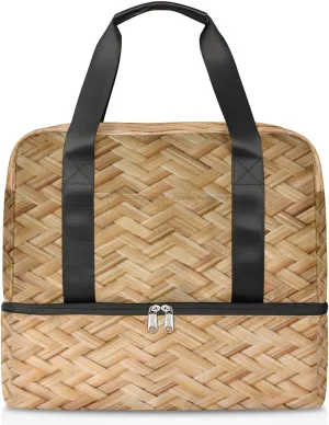 Basket Weave Design Travel Bag Double Tier Zip Closure Weekender Bag with Leather Handle Waterproof Sports Tote Gym Bag for Swim Beach Gym Yoga