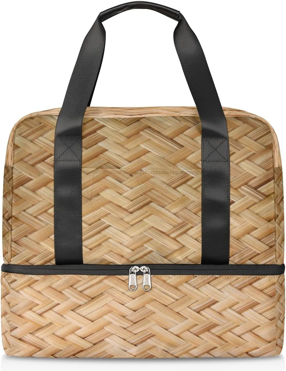 Basket Weave Design Travel Bag Double Tier Zip Closure Weekender Bag with Leather Handle Waterproof Sports Tote Gym Bag for Swim Beach Gym Yoga