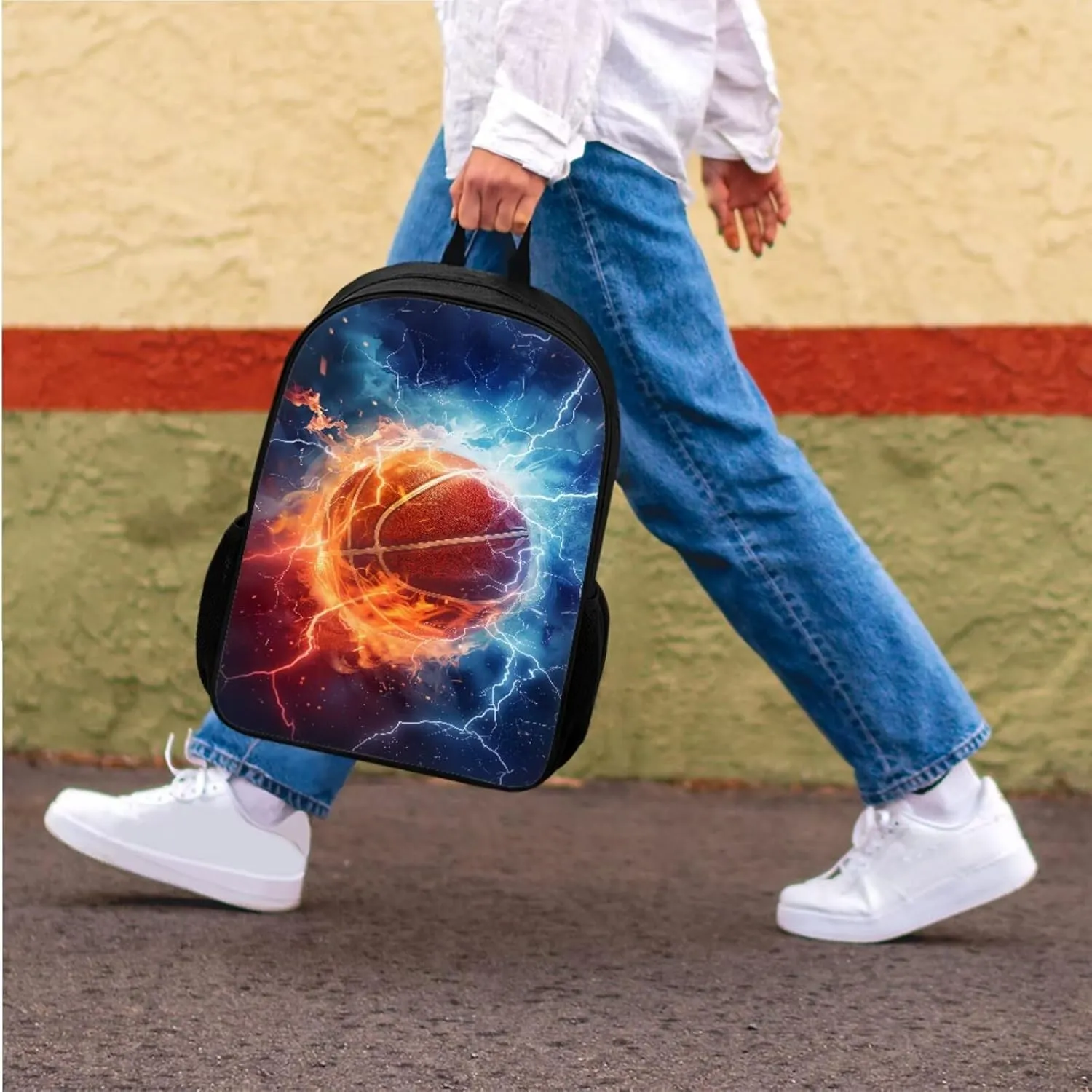 Basketball Graphic Lightweight Backpack for Kids 5-7 11-13, School Sports Backpack with Lunch Box Pencil Case Cup Sleeve for Boys 4 in 1 Schoolbag Elementary Large Capacity Book Bag