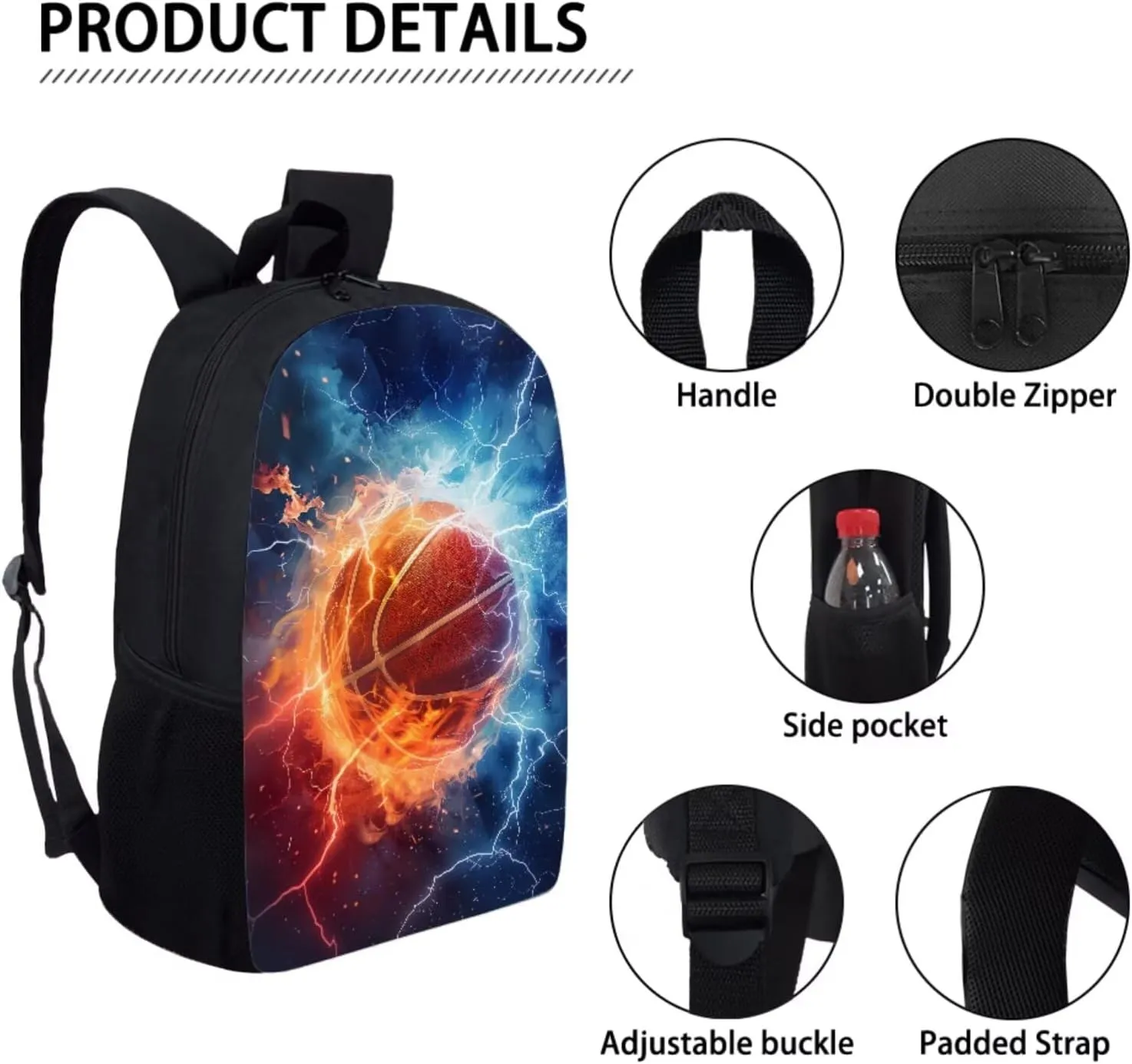 Basketball Graphic Lightweight Backpack for Kids 5-7 11-13, School Sports Backpack with Lunch Box Pencil Case Cup Sleeve for Boys 4 in 1 Schoolbag Elementary Large Capacity Book Bag