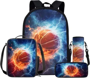 Basketball Graphic Lightweight Backpack for Kids 5-7 11-13, School Sports Backpack with Lunch Box Pencil Case Cup Sleeve for Boys 4 in 1 Schoolbag Elementary Large Capacity Book Bag