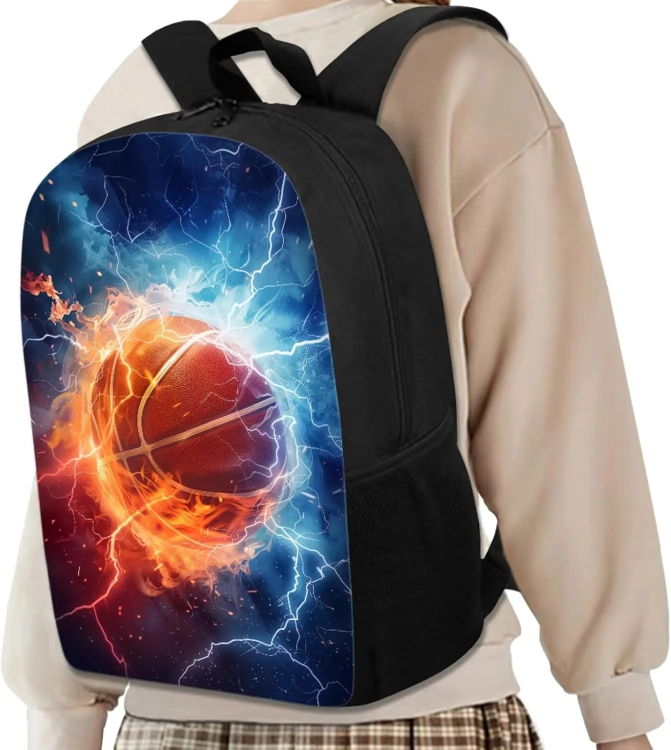 Basketball Graphic Lightweight Backpack for Kids 5-7 11-13, School Sports Backpack with Lunch Box Pencil Case Cup Sleeve for Boys 4 in 1 Schoolbag Elementary Large Capacity Book Bag