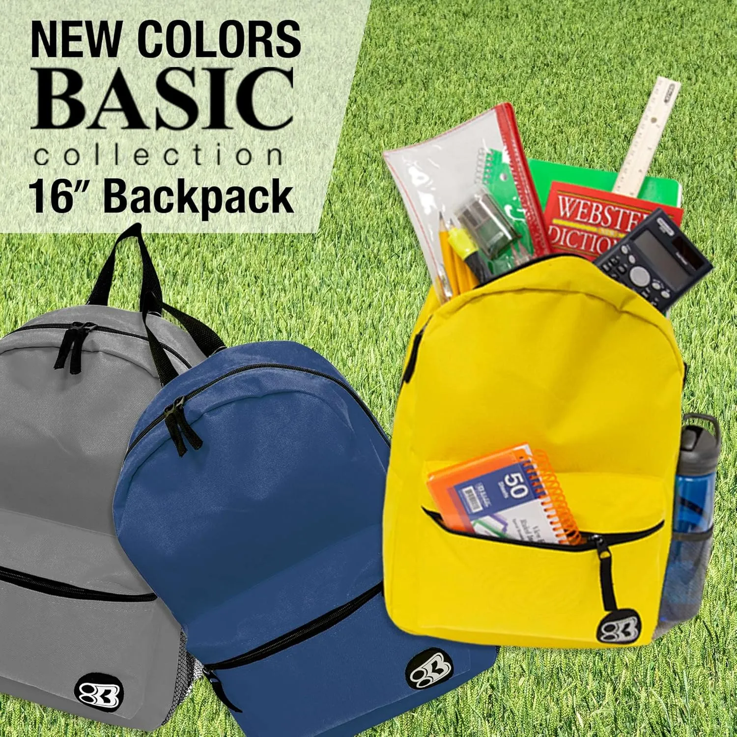 BAZIC School Backpack 16" Gray, Lightweight School Bag Padded Back & Adjustable Strap for Students, Travel Bag Fit A4 Notebook, 2-Pack