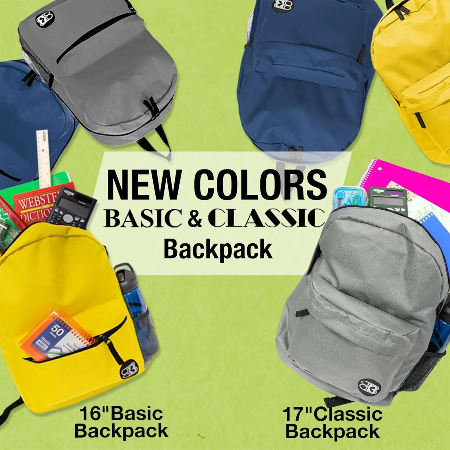 BAZIC School Backpack 16" Gray, Lightweight School Bag Padded Back & Adjustable Strap for Students, Travel Bag Fit A4 Notebook, 2-Pack