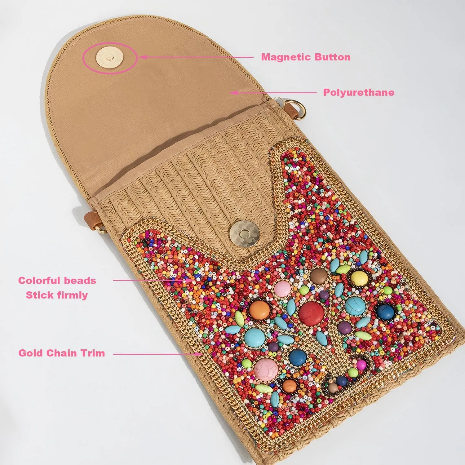 Beaded Crossbody Bag for Women, Small Cell Phone Shoulder Purse Wallet, Straw Woven Design with Colorful beads Embellishments