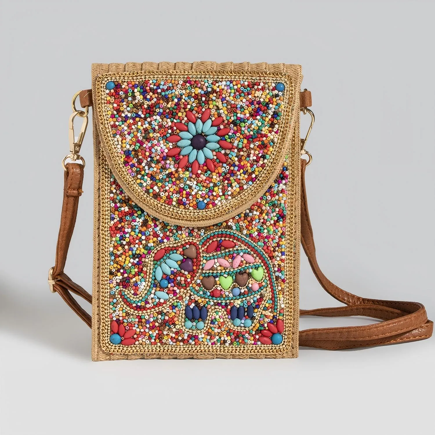Beaded Crossbody Bag for Women, Small Cell Phone Shoulder Purse Wallet, Straw Woven Design with Colorful beads Embellishments