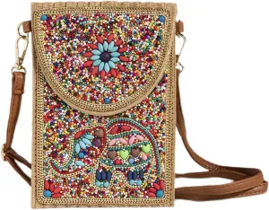 Beaded Crossbody Bag for Women, Small Cell Phone Shoulder Purse Wallet, Straw Woven Design with Colorful beads Embellishments