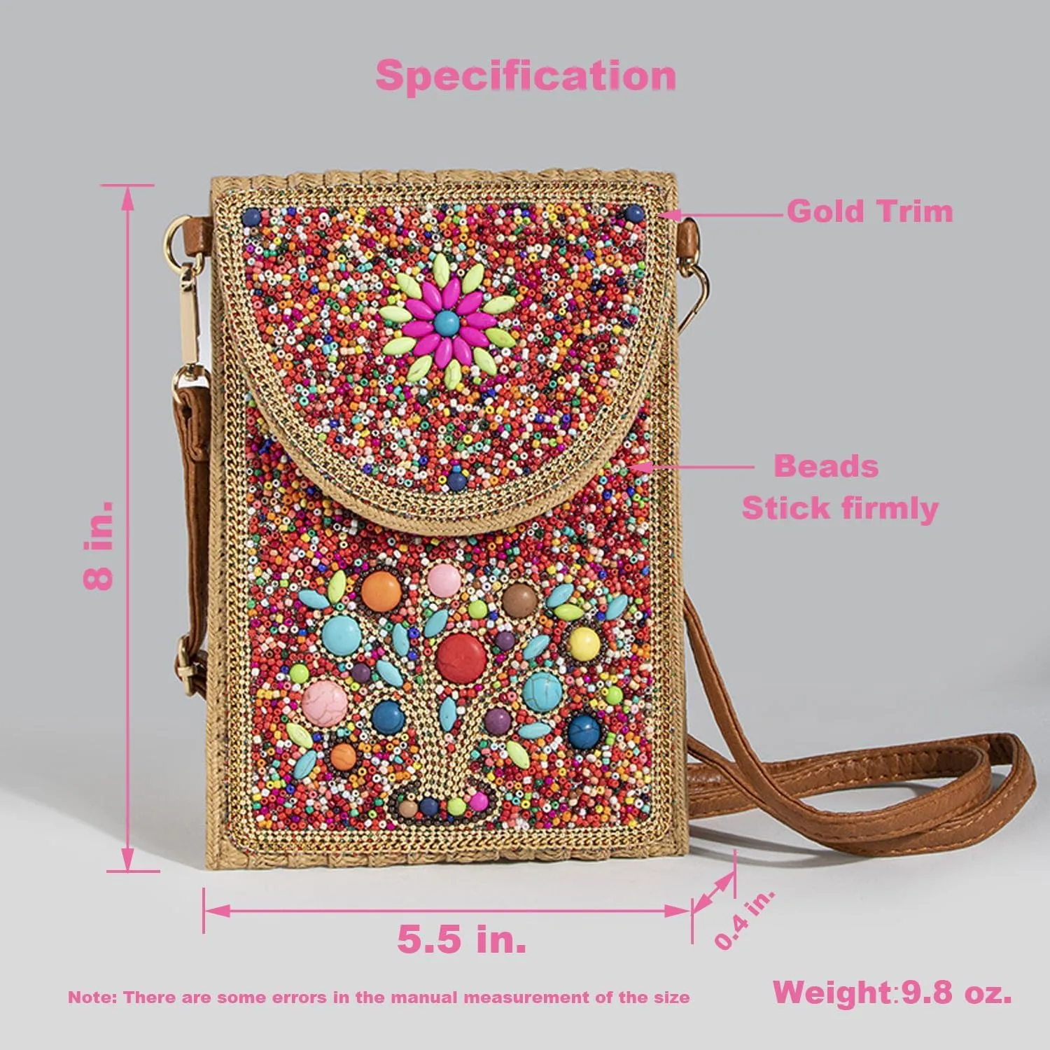 Beaded Crossbody Bag for Women, Small Cell Phone Shoulder Purse Wallet, Straw Woven Design with Colorful beads Embellishments