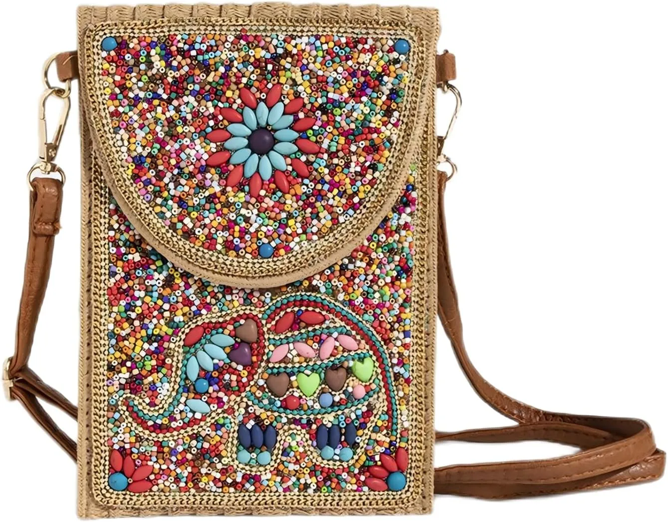 Beaded Crossbody Bag for Women, Small Cell Phone Shoulder Purse Wallet, Straw Woven Design with Colorful beads Embellishments