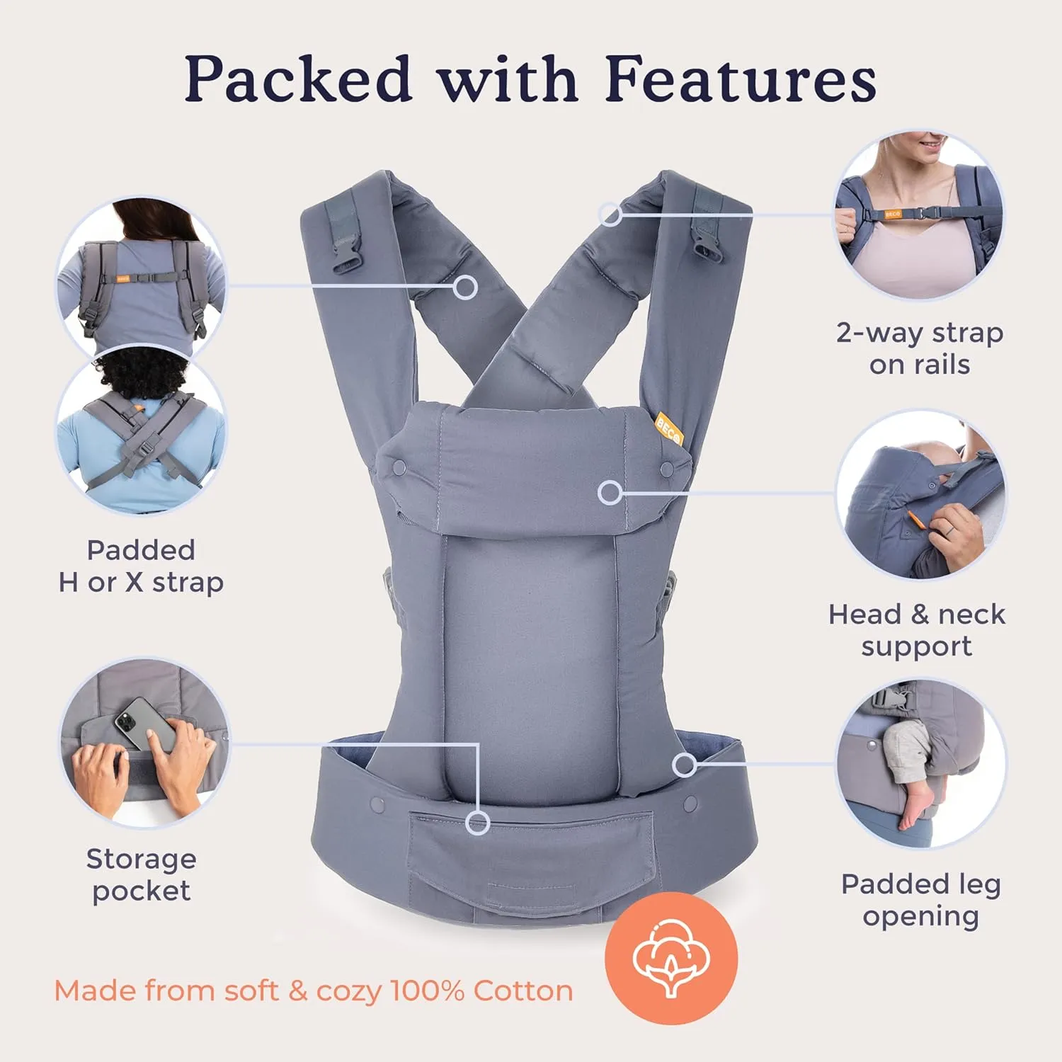 Beco Gemini Baby Carrier Newborn to Toddler - Front, Back and Hip Seat Carrier, Baby Carrier Backpack & Baby Front Carrier with Adjustable Seat, Ergonomic Baby Holder Carrier 7-35lbs (Ecru)