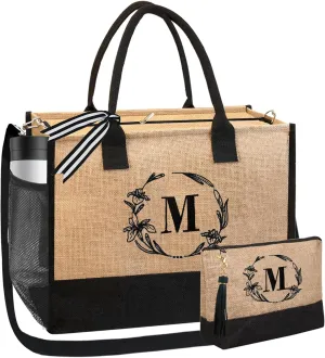 BeeGreen Initial Canvas/Jute Tote Bag Personalized Bag for Wedding, Birthday, Beach, Gift for Women, Mom, Teacher,Friend