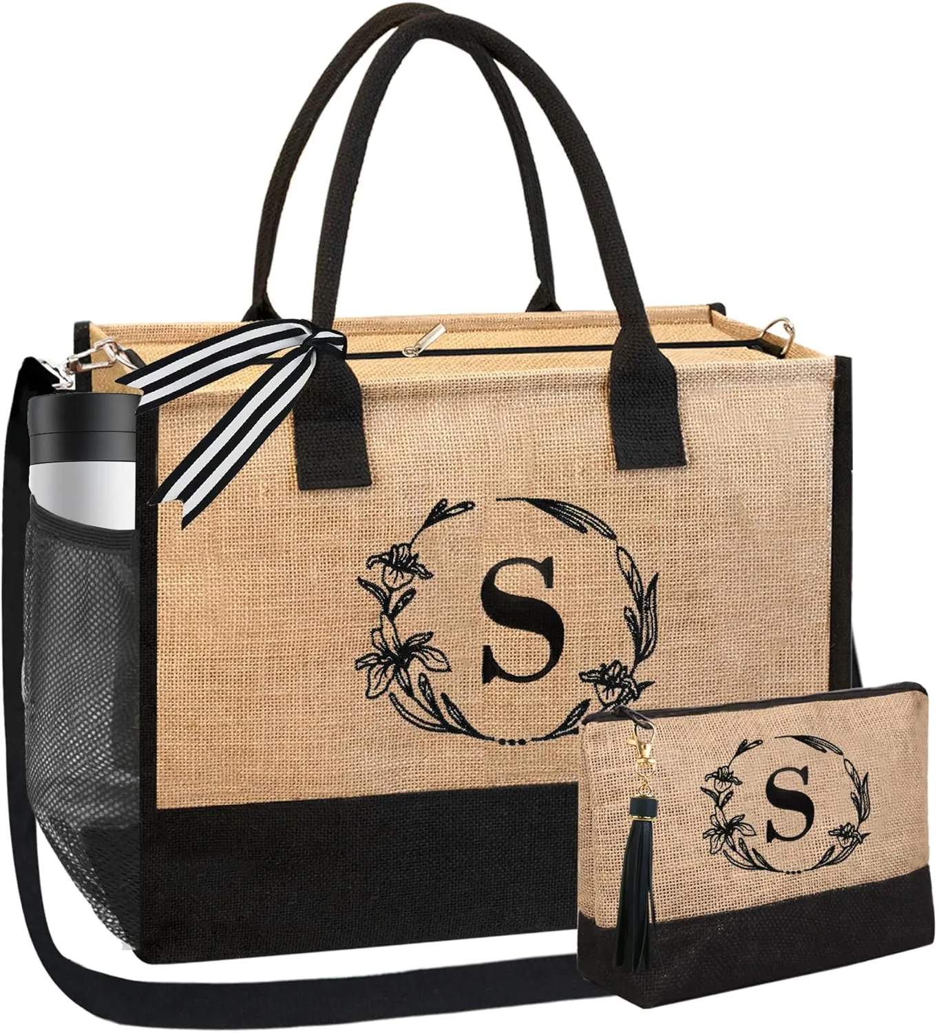 BeeGreen Initial Canvas/Jute Tote Bag Personalized Bag for Wedding, Birthday, Beach, Gift for Women, Mom, Teacher,Friend