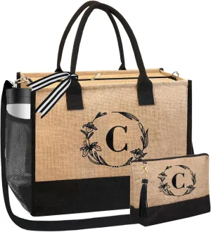 BeeGreen Initial Canvas/Jute Tote Bag Personalized Bag for Wedding, Birthday, Beach, Gift for Women, Mom, Teacher,Friend