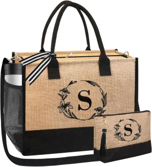 BeeGreen Initial Canvas/Jute Tote Bag Personalized Bag for Wedding, Birthday, Beach, Gift for Women, Mom, Teacher,Friend