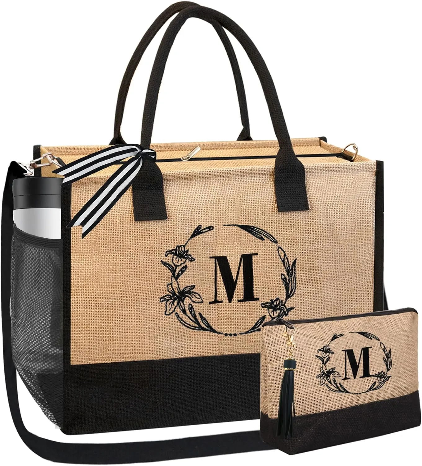 BeeGreen Initial Canvas/Jute Tote Bag Personalized Bag for Wedding, Birthday, Beach, Gift for Women, Mom, Teacher,Friend