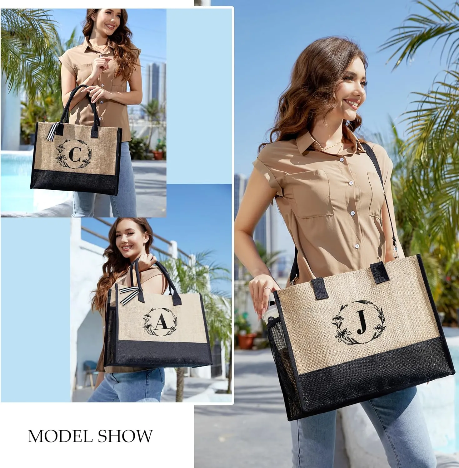 BeeGreen Initial Canvas/Jute Tote Bag Personalized Bag for Wedding, Birthday, Beach, Gift for Women, Mom, Teacher,Friend