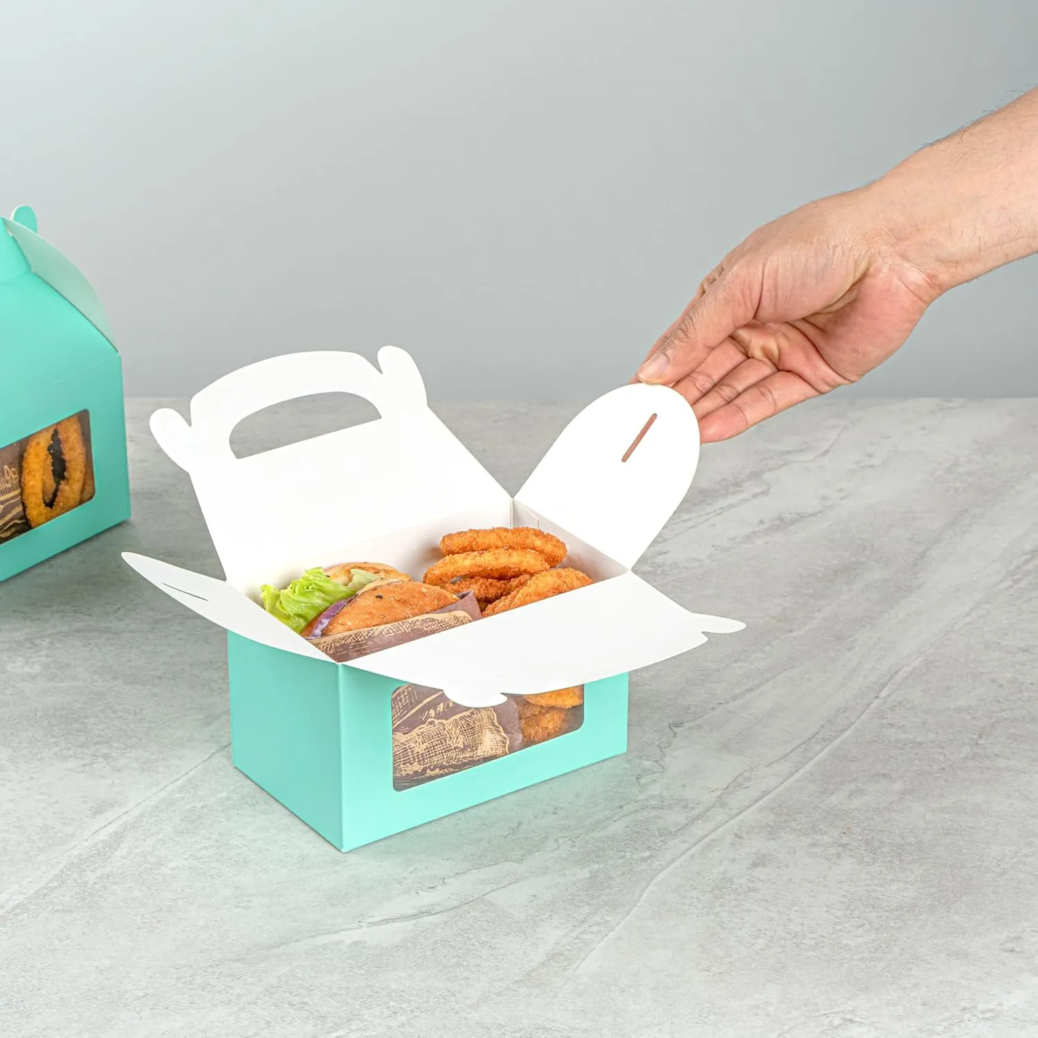 Bio Tek 6 x 3.5 x 3.5 Inch Gable Boxes For Party Favors, 25 Attractive Gift Boxes - Clear PET Window, With Built-In Handle, Turquoise Paper Barn Boxes, Disposable,