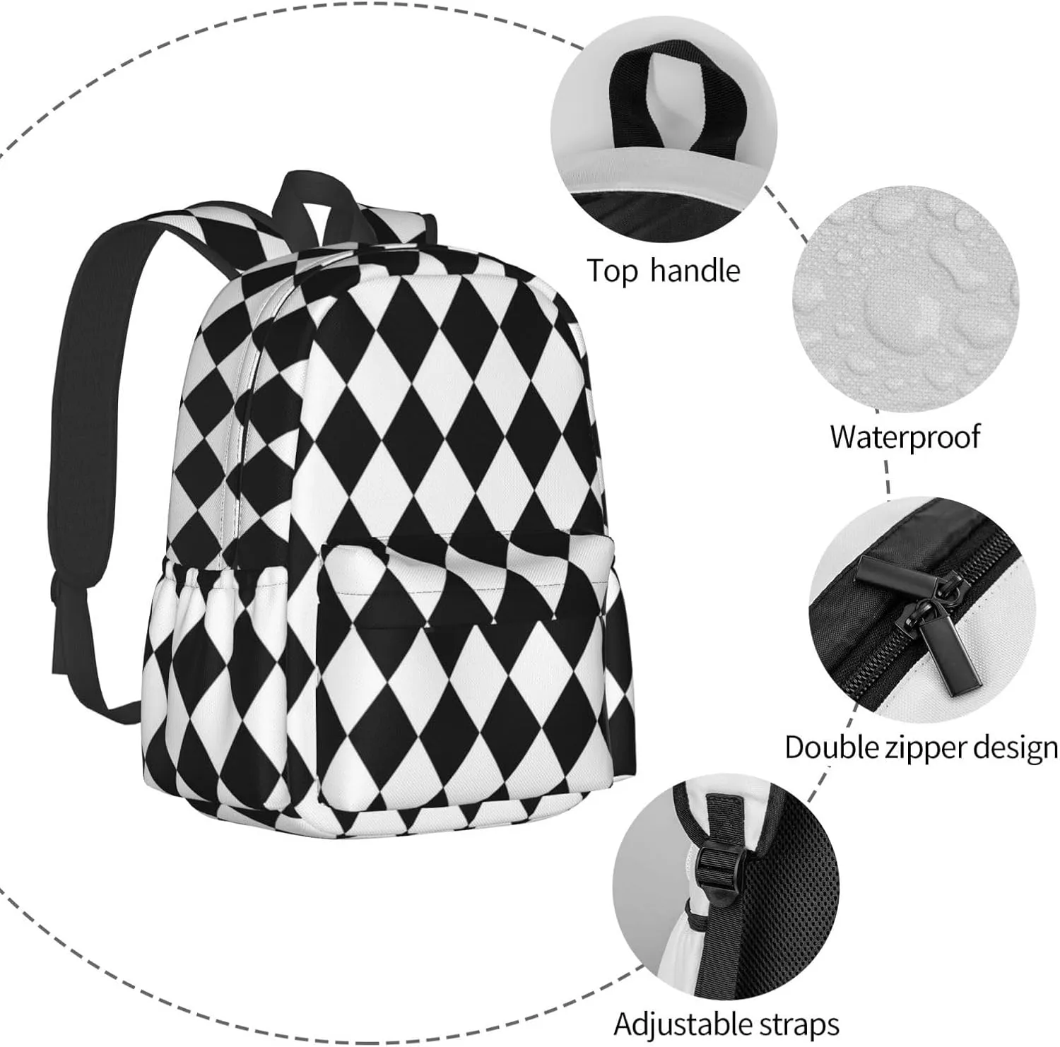 Black And White Diamond Flower Multipurpose School Bag Bookbag for Teenage Boys Girls Daily Backpack