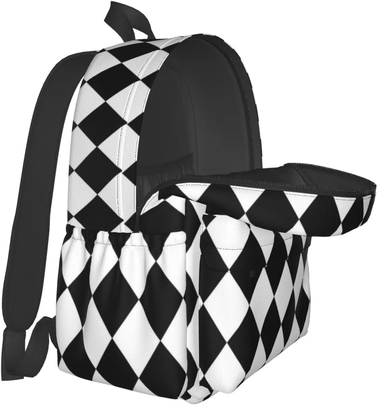 Black And White Diamond Flower Multipurpose School Bag Bookbag for Teenage Boys Girls Daily Backpack