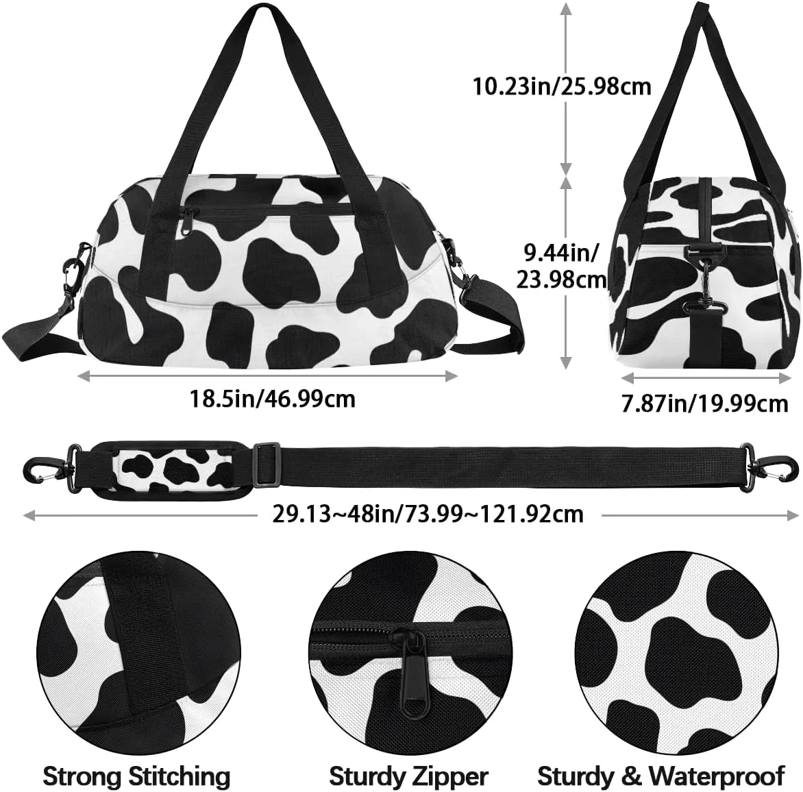 Black ans White Cow Kids Duffle Bag Boys Girls Small Sport Dance Gym Bag for Overnight Travel Weekender Carry On