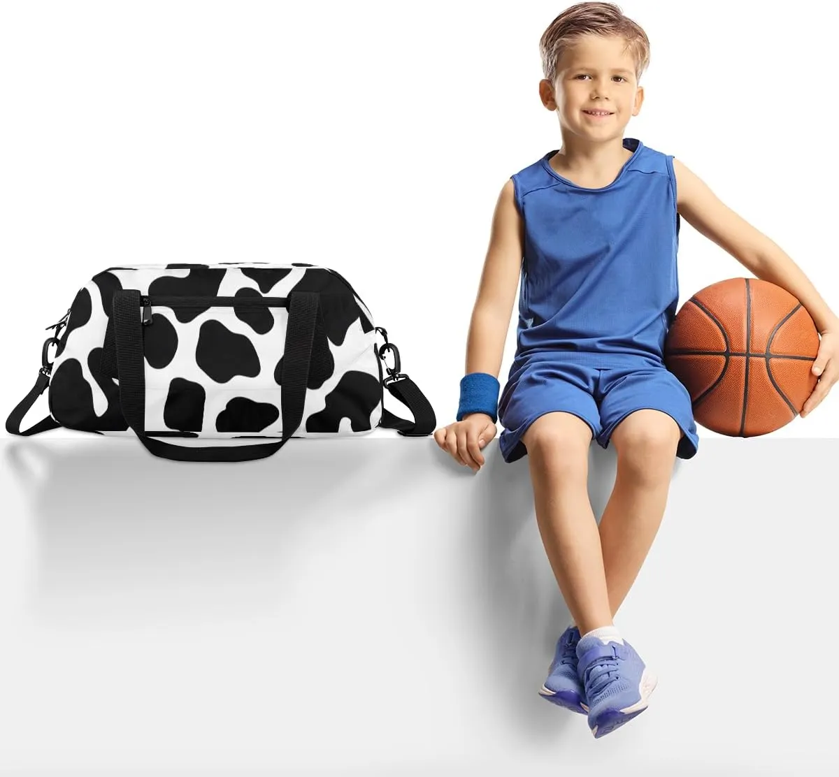 Black ans White Cow Kids Duffle Bag Boys Girls Small Sport Dance Gym Bag for Overnight Travel Weekender Carry On