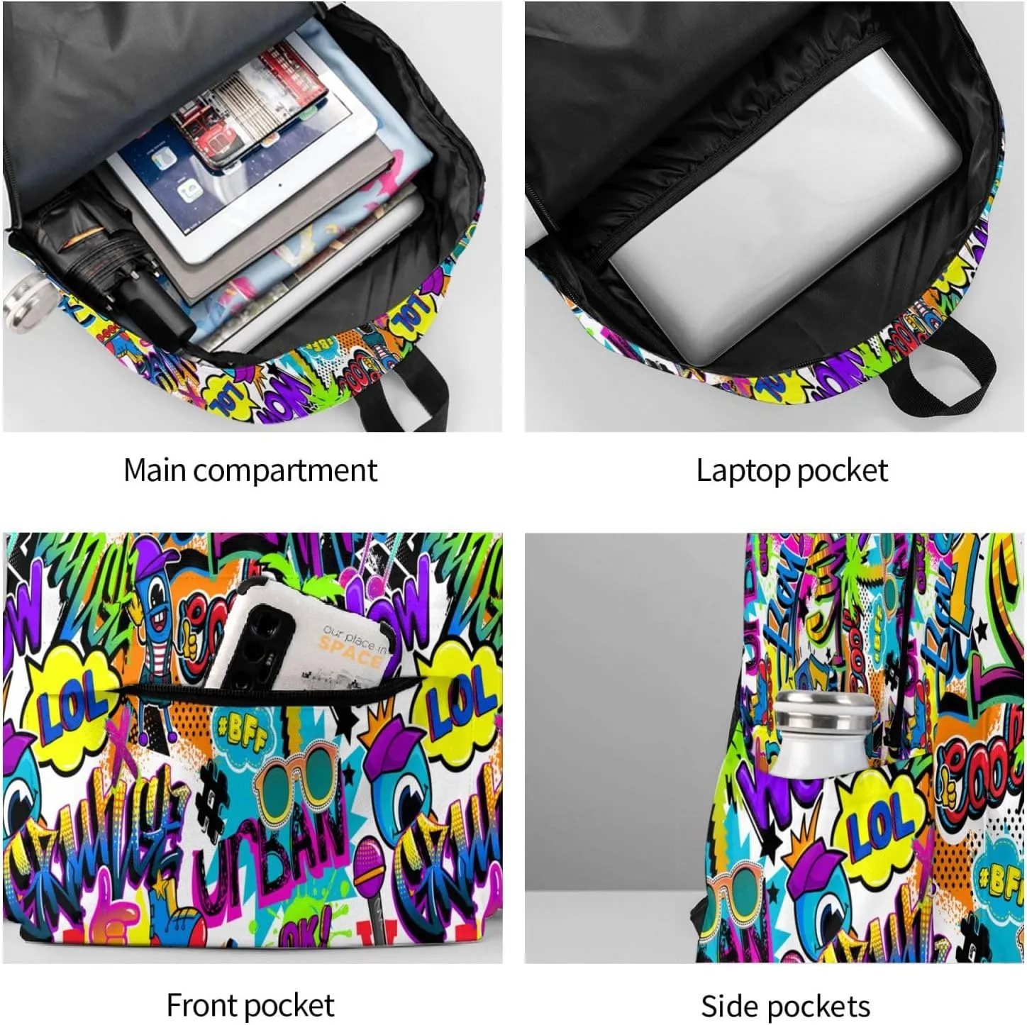 Black Blue Graffiti Multipurpose School Bag Bookbag for Teenage Boys Girls Daily Backpack