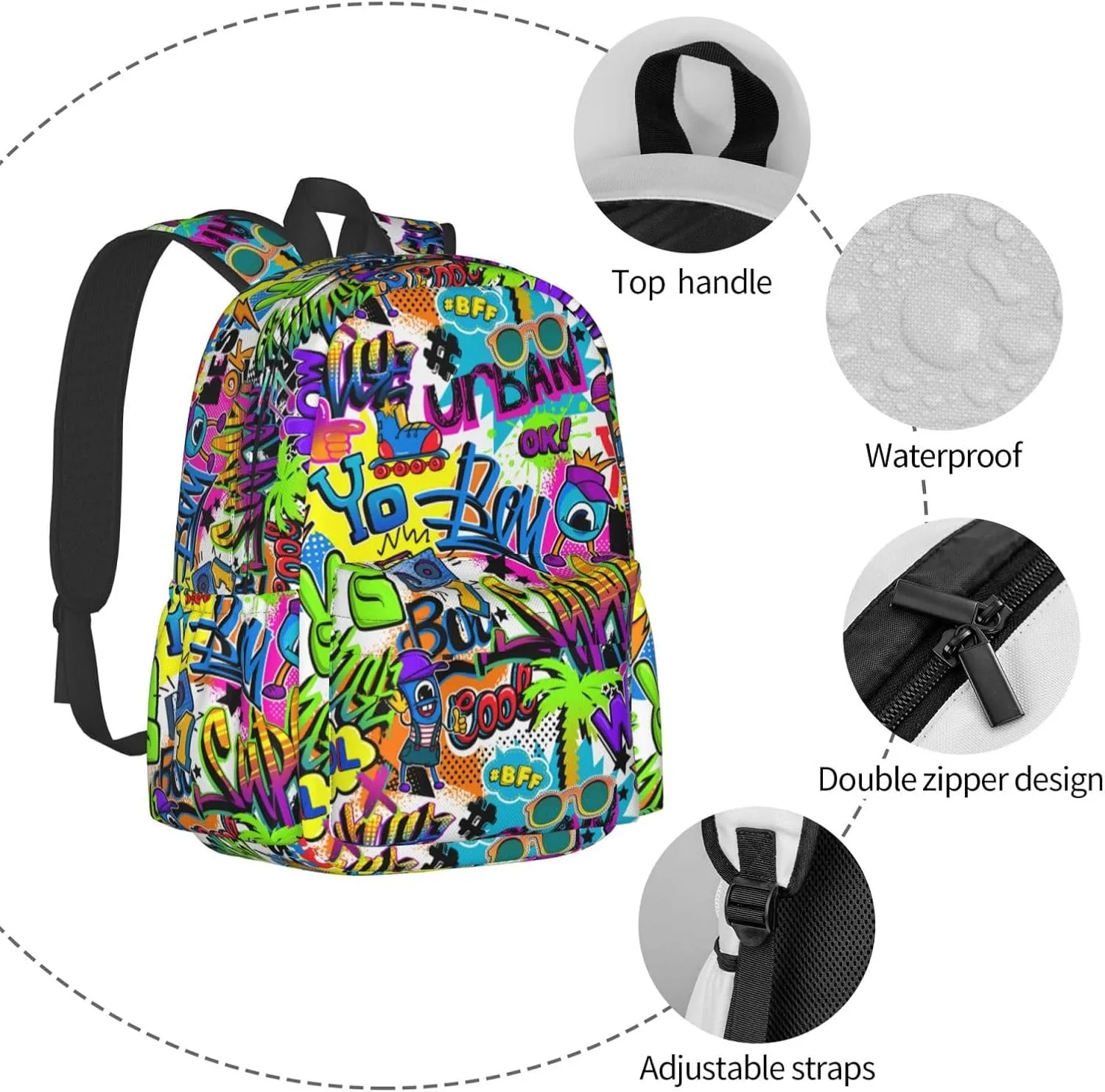 Black Blue Graffiti Multipurpose School Bag Bookbag for Teenage Boys Girls Daily Backpack