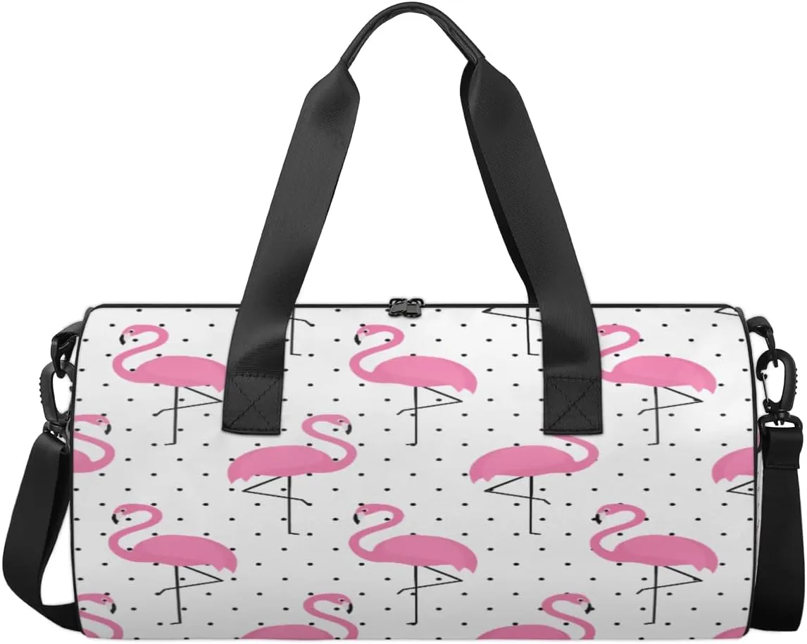 Black Dotted Pink Flamingo Sports Duffel Bag, Gym Tote Bag Waterproof Weekender Travel Bag for Overnight Travel Luggage Workout Women Men