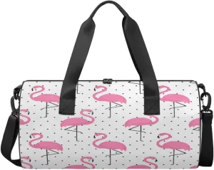 Black Dotted Pink Flamingo Sports Duffel Bag, Gym Tote Bag Waterproof Weekender Travel Bag for Overnight Travel Luggage Workout Women Men