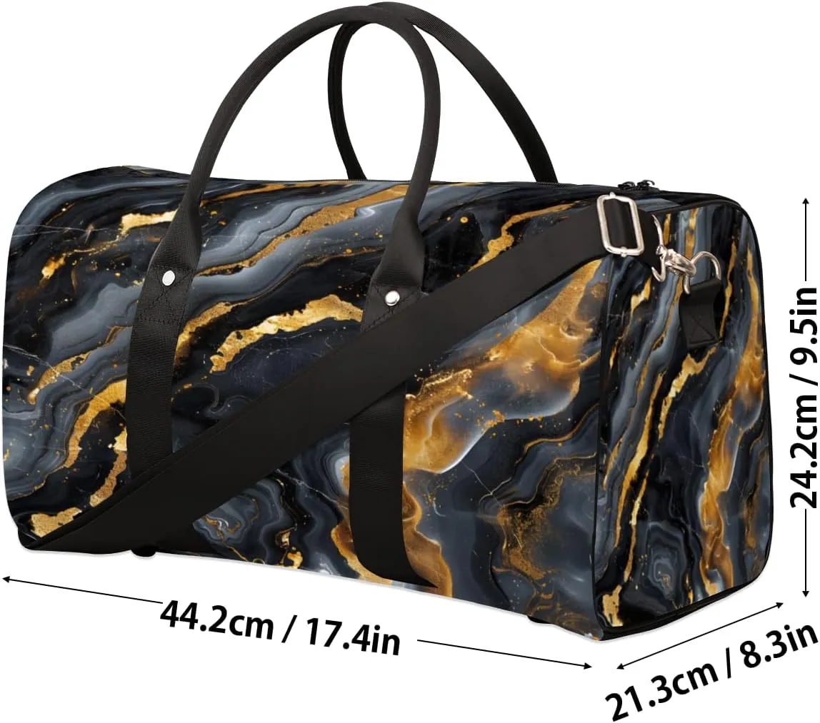 Black Marble Travel Duffle Bag, Sports Gym Bags for Women Men, Carry On Weekender Overnight Bag, Gold Marble Workout Hospital Airplane Trips Bag
