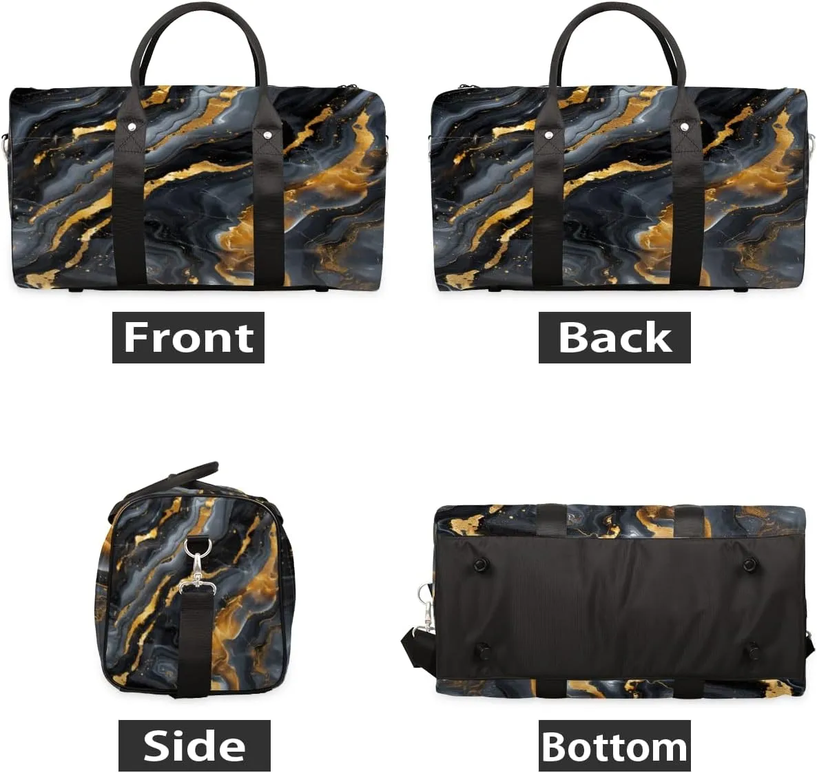 Black Marble Travel Duffle Bag, Sports Gym Bags for Women Men, Carry On Weekender Overnight Bag, Gold Marble Workout Hospital Airplane Trips Bag