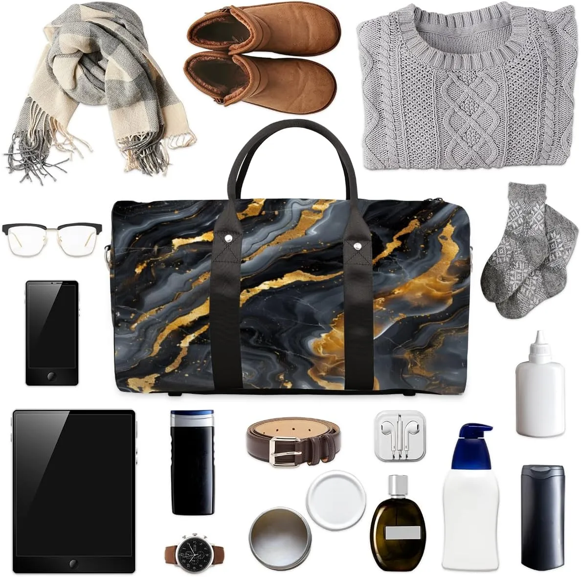 Black Marble Travel Duffle Bag, Sports Gym Bags for Women Men, Carry On Weekender Overnight Bag, Gold Marble Workout Hospital Airplane Trips Bag