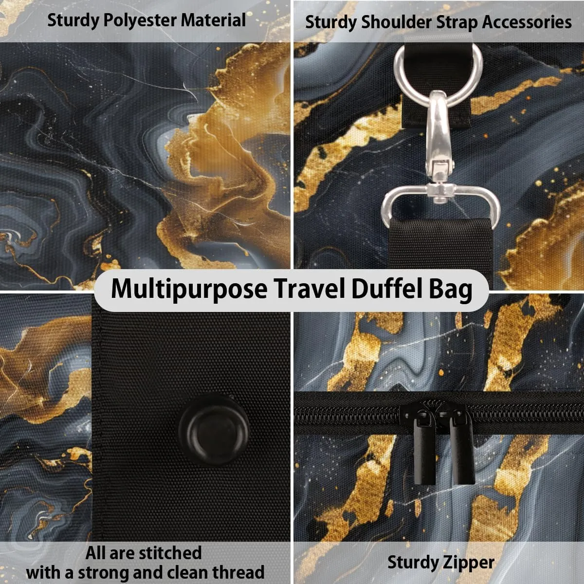 Black Marble Travel Duffle Bag, Sports Gym Bags for Women Men, Carry On Weekender Overnight Bag, Gold Marble Workout Hospital Airplane Trips Bag