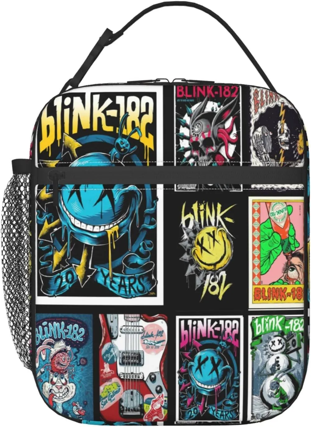 Blink Classic Rock 182 Insulated Lunch Bags Reusable Lunch Tote Bag Lunch Organizer Meal Holder with Side Pocket Lunch Zipper Cooler Bag for Traveling Easy To Clean Handbag, Black