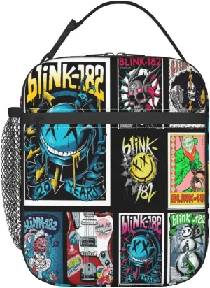 Blink Classic Rock 182 Insulated Lunch Bags Reusable Lunch Tote Bag Lunch Organizer Meal Holder with Side Pocket Lunch Zipper Cooler Bag for Traveling Easy To Clean Handbag, Black