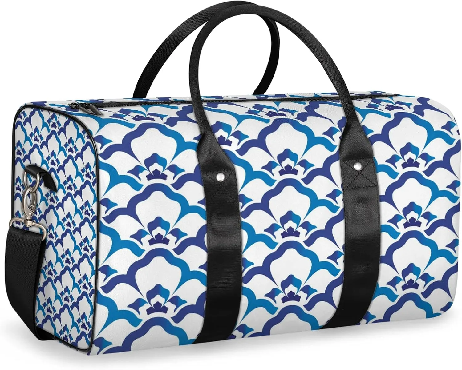 Blue Boho Retro Floral Travel Duffle Bag, Weekender Bags for Women Men, Carry on Overnight Bag Waterproof Gym Bags, Hospital Bag for Labor and Delivery
