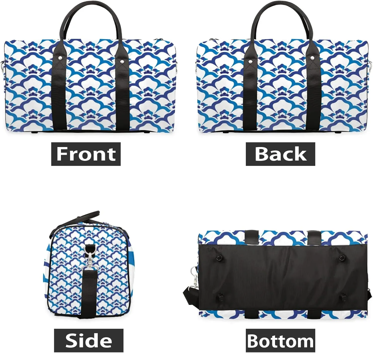 Blue Boho Retro Floral Travel Duffle Bag, Weekender Bags for Women Men, Carry on Overnight Bag Waterproof Gym Bags, Hospital Bag for Labor and Delivery