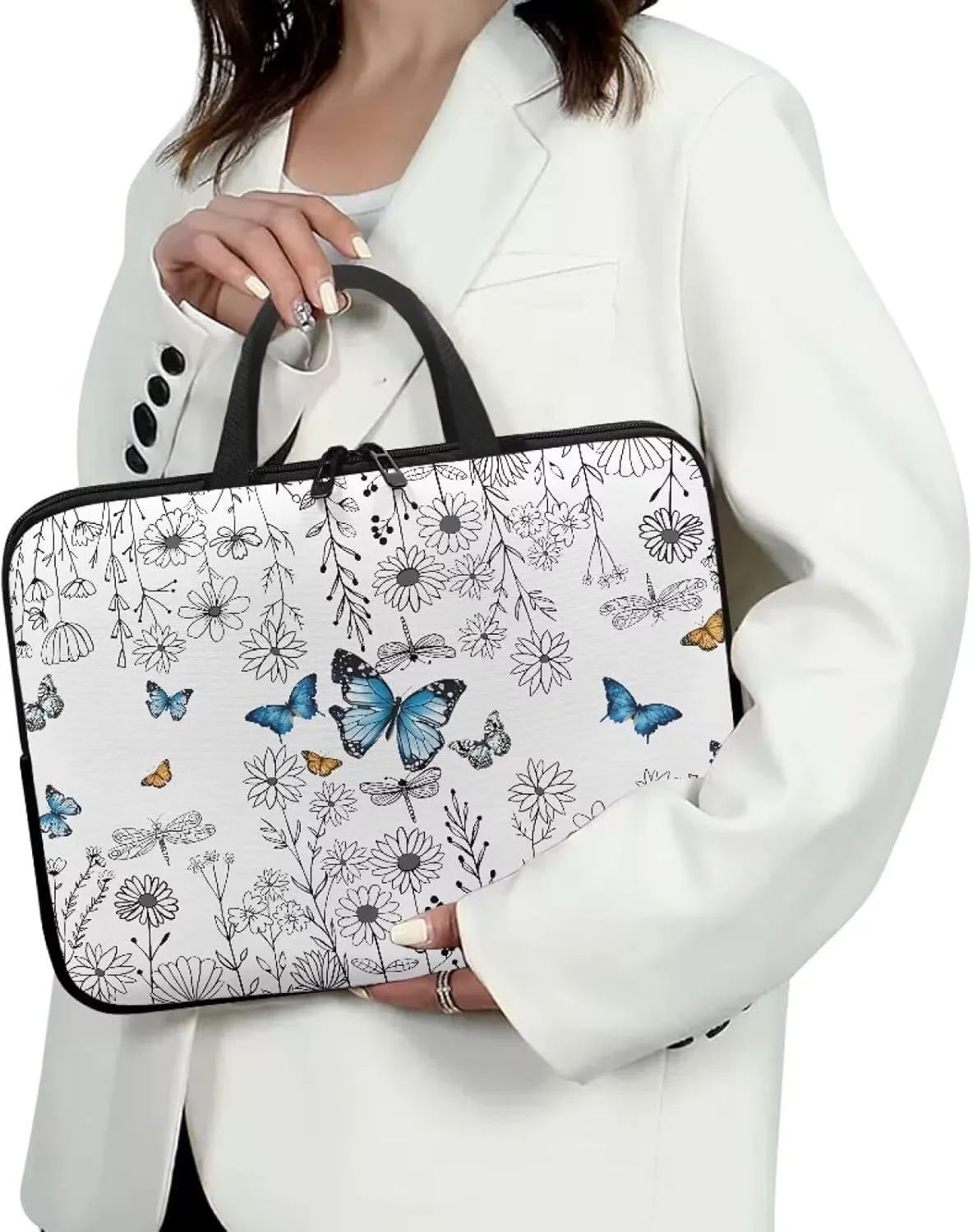 Blue Butterfly Laptop Sleeve Daisy 10 Inch Laptop Bag Tablet Case with Handle Computer Bag Carrying Case Portable Notebook Cover Messenger Briefcase for Travel/Business/School