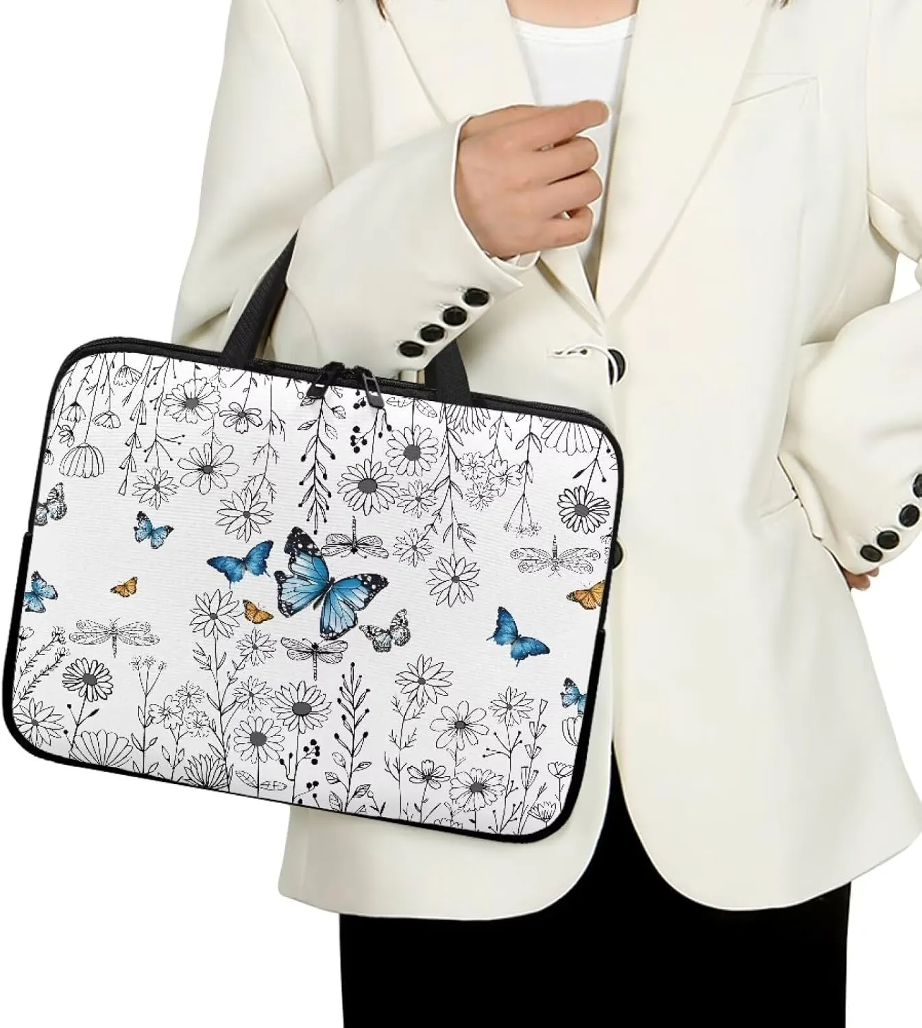 Blue Butterfly Laptop Sleeve Daisy 10 Inch Laptop Bag Tablet Case with Handle Computer Bag Carrying Case Portable Notebook Cover Messenger Briefcase for Travel/Business/School