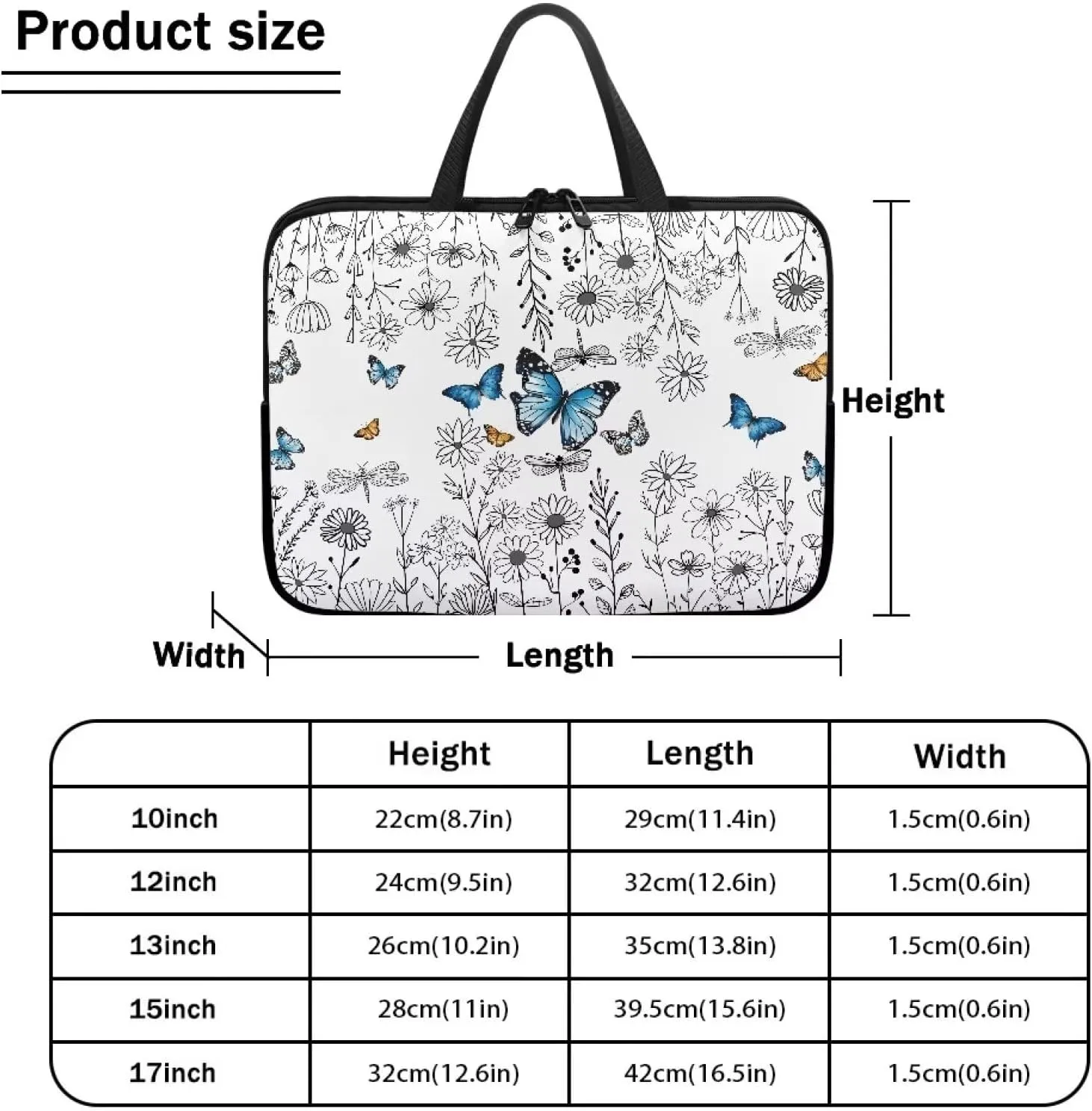 Blue Butterfly Laptop Sleeve Daisy 10 Inch Laptop Bag Tablet Case with Handle Computer Bag Carrying Case Portable Notebook Cover Messenger Briefcase for Travel/Business/School