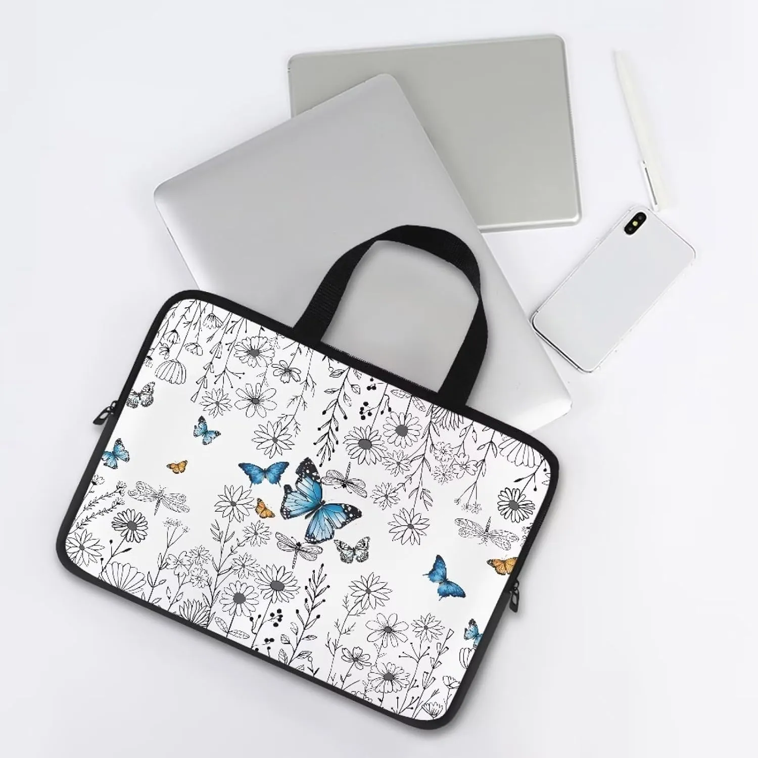 Blue Butterfly Laptop Sleeve Daisy 10 Inch Laptop Bag Tablet Case with Handle Computer Bag Carrying Case Portable Notebook Cover Messenger Briefcase for Travel/Business/School