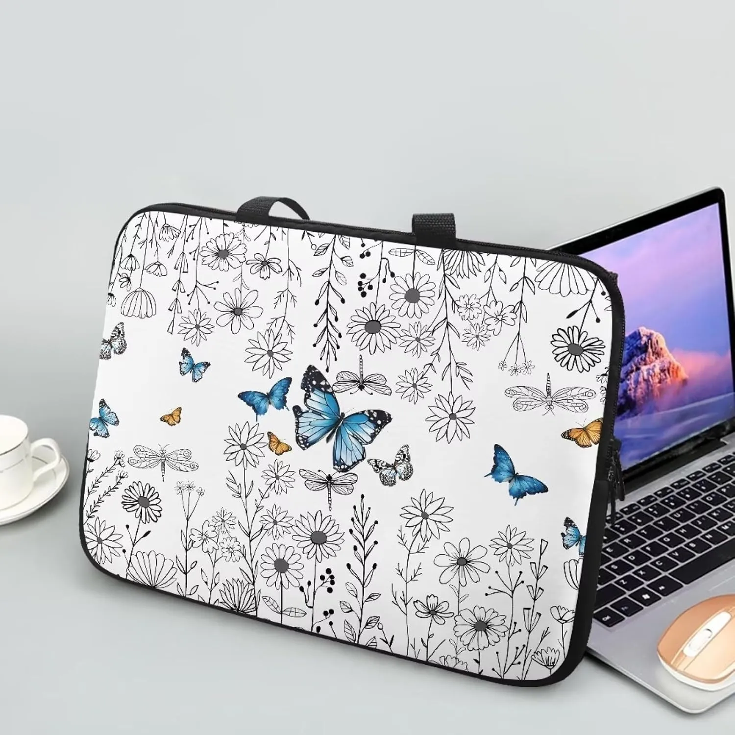 Blue Butterfly Laptop Sleeve Daisy 10 Inch Laptop Bag Tablet Case with Handle Computer Bag Carrying Case Portable Notebook Cover Messenger Briefcase for Travel/Business/School