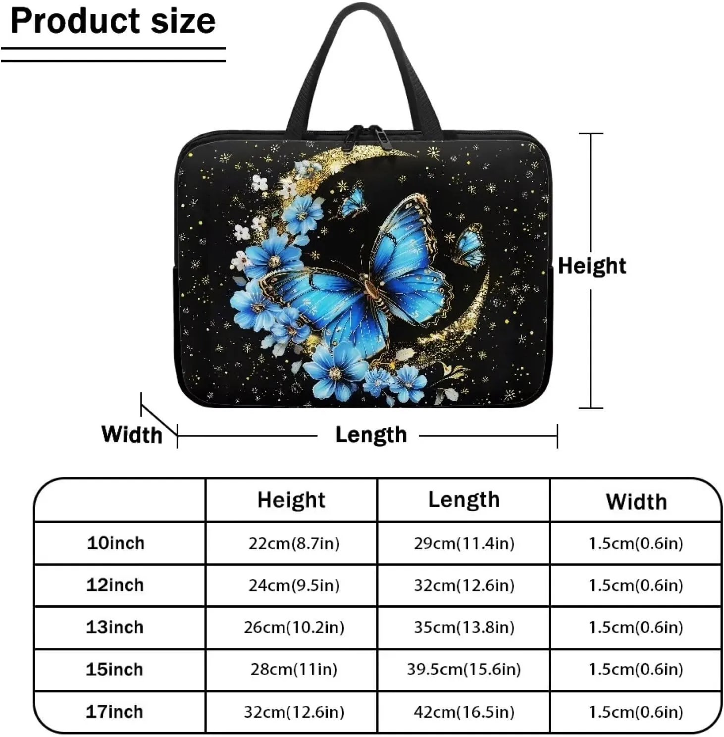 Blue Butterfly Laptop Sleeve Moon 10 Inch Laptop Bag Computer Bag Carrying Case Portable Notebook Cover Messenger Briefcase Tablet Case with Handle for Travel Business School